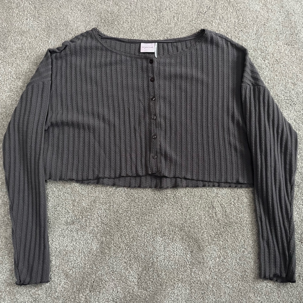 Free People Gray Ribbed Crop Blouse